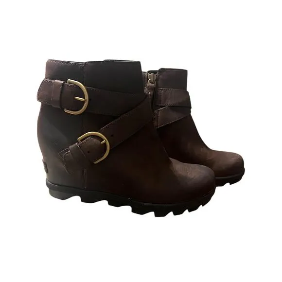 Sorel Joan of Artic Leather Boots Womens Size 8 Brown Side Zipper  Wedge Bootie