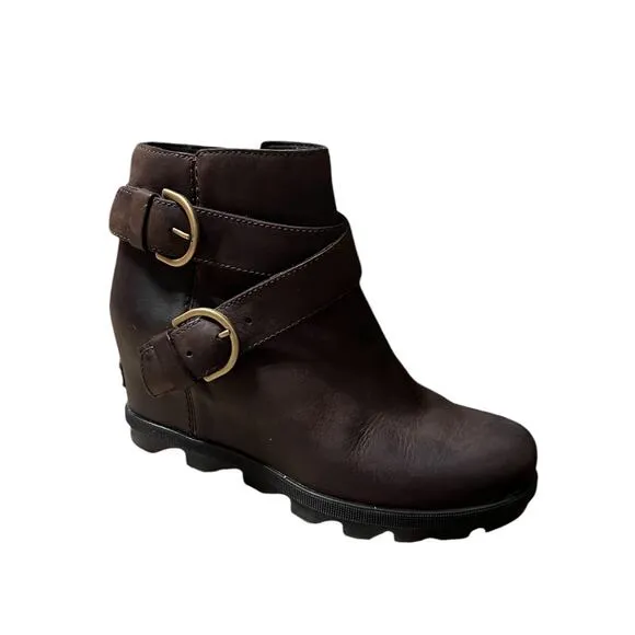 Sorel Joan of Artic Leather Boots Womens Size 8 Brown Side Zipper  Wedge Bootie