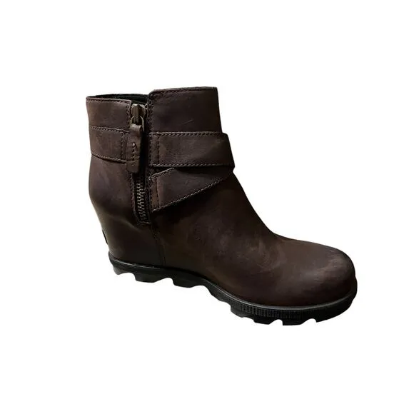 Sorel Joan of Artic Leather Boots Womens Size 8 Brown Side Zipper  Wedge Bootie