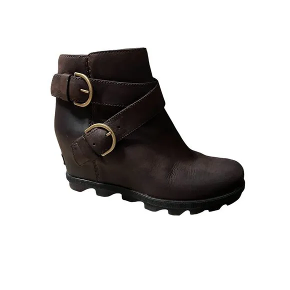 Sorel Joan of Artic Leather Boots Womens Size 8 Brown Side Zipper  Wedge Bootie