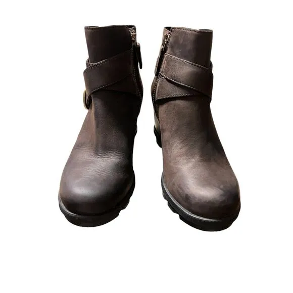 Sorel Joan of Artic Leather Boots Womens Size 8 Brown Side Zipper  Wedge Bootie