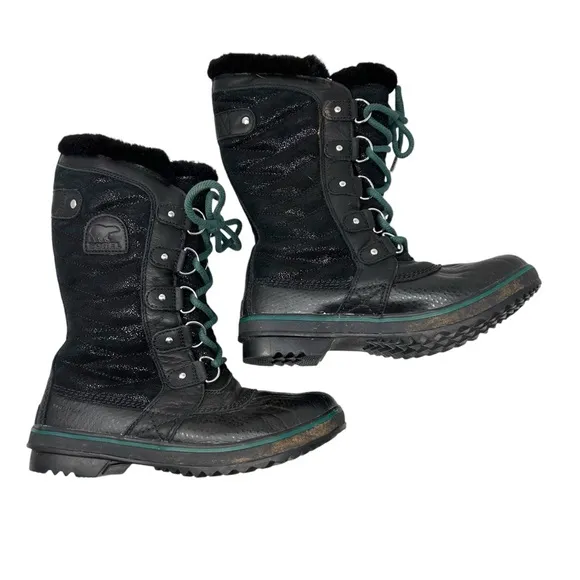 SOREL Tofino II Lux Leather Boots BLACK green EUC SZ8