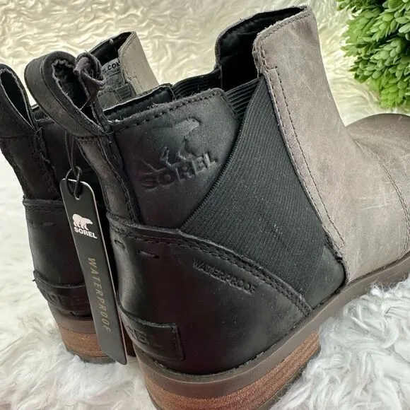Sorel Women's Emelie Chelsea Leather Ankle Boots Weatherproof Quarry Black sz 6