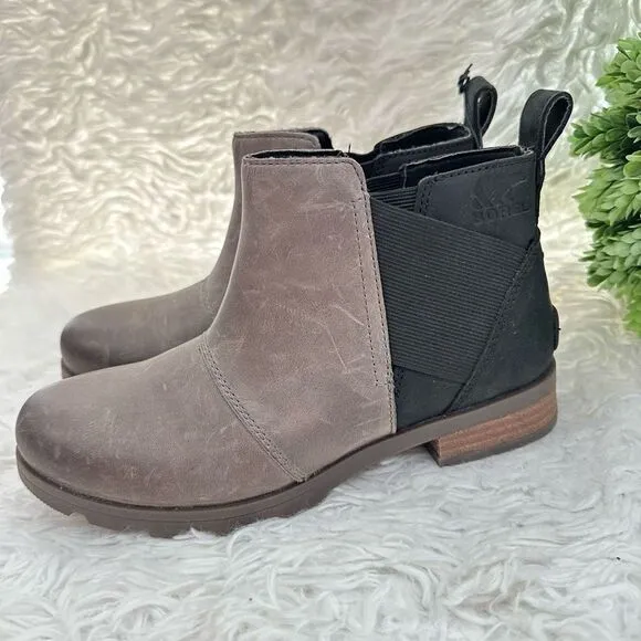 Sorel Women's Emelie Chelsea Leather Ankle Boots Weatherproof Quarry Black sz 6