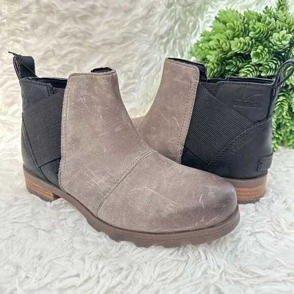 Sorel Women's Emelie Chelsea Leather Ankle Boots Weatherproof Quarry Black sz 6