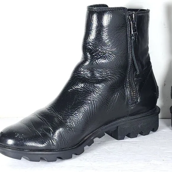 Sorel Women’s Emilie II US 8,5 Black Patent Leather Side Zip Ankle Boots Booties
