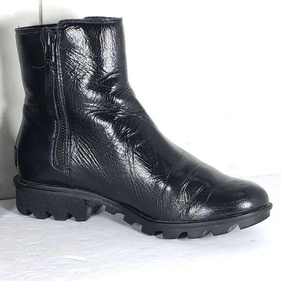 Sorel Women’s Emilie II US 8,5 Black Patent Leather Side Zip Ankle Boots Booties