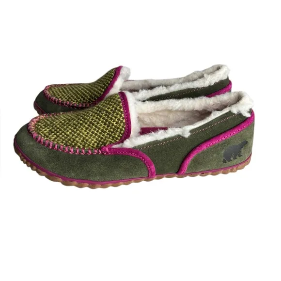 SOREL Women’s Green Tremblant Blanket Moccasins Fleece Lined Slippers Size 9