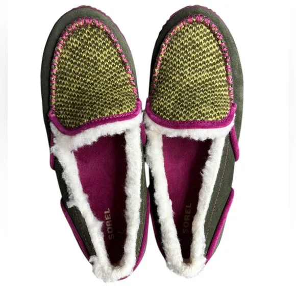 SOREL Women’s Green Tremblant Blanket Moccasins Fleece Lined Slippers Size 9