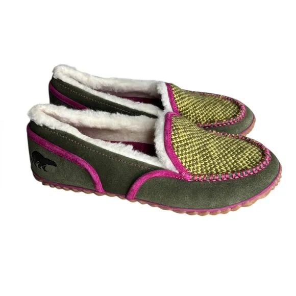 SOREL Women’s Green Tremblant Blanket Moccasins Fleece Lined Slippers Size 9