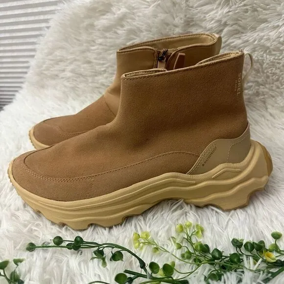 SOREL Kinetic Breakthrough Chunky Platform Boots Side Zip Tan Suede sz 10 womens