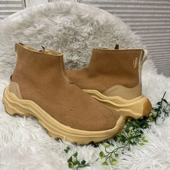 SOREL Kinetic Breakthrough Chunky Platform Boots Side Zip Tan Suede sz 10 womens