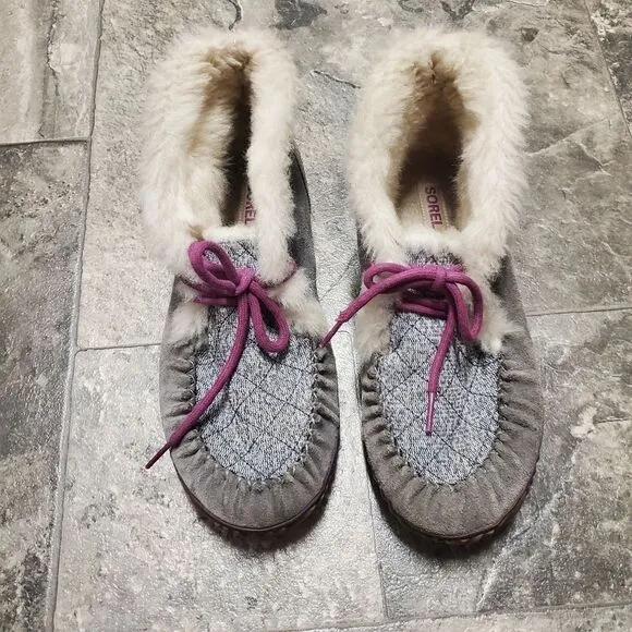 Sorel X Anthropologie Out N About High Cut Moccasin Suede Gray Purple Slippers