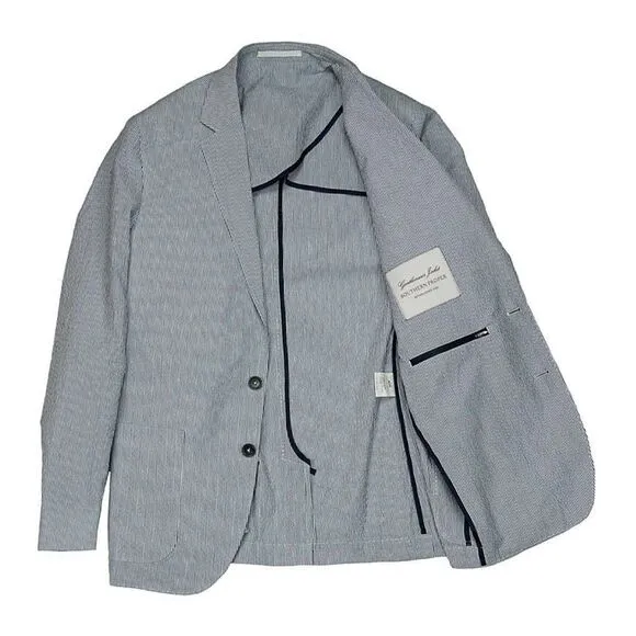 Southern Proper Gentleman's Jacket: Ticking Stripe Seersucker Blue White 44L
