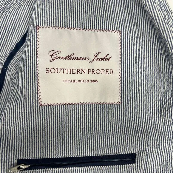 Southern Proper Gentleman's Jacket: Ticking Stripe Seersucker Blue White 44L