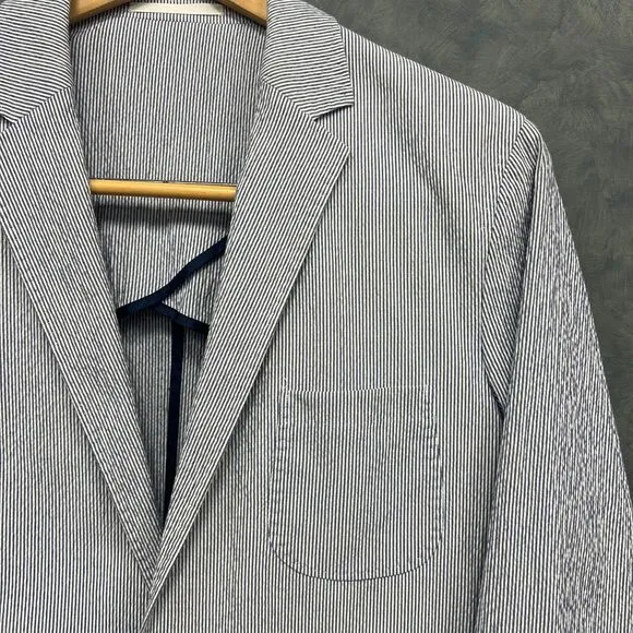 Southern Proper Gentleman's Jacket: Ticking Stripe Seersucker Blue White 44L