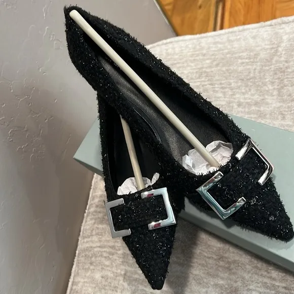Sparkly Black Tweed Fabric &amp; Silver Buckle Ballet Flats Pointed Toe Size 38 #P04