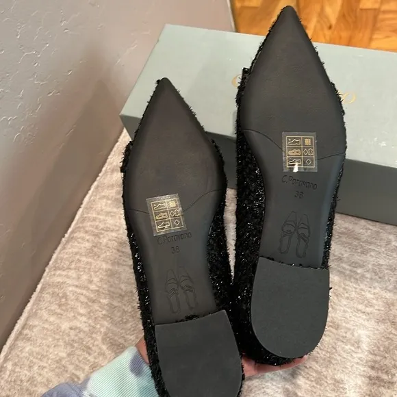 Sparkly Black Tweed Fabric &amp; Silver Buckle Ballet Flats Pointed Toe Size 38 #P04