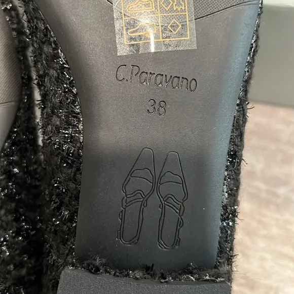Sparkly Black Tweed Fabric &amp; Silver Buckle Ballet Flats Pointed Toe Size 38 #P04