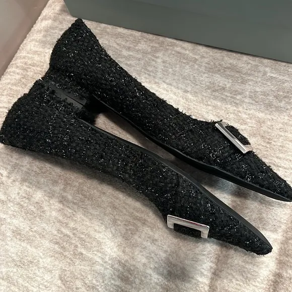 Sparkly Black Tweed Fabric &amp; Silver Buckle Ballet Flats Pointed Toe Size 38 #P04