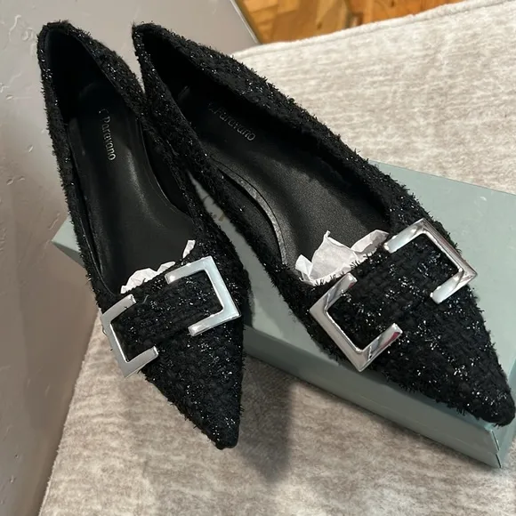 Sparkly Black Tweed Fabric &amp; Silver Buckle Ballet Flats Pointed Toe Size 38 #P04