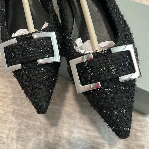 Sparkly Black Tweed Fabric &amp; Silver Buckle Ballet Flats Pointed Toe Size 38 #P04