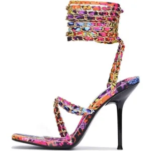 Square Open Toe High Heels for Women, Lace-Up Woven Shoes, Sexy 4-Inch Heels