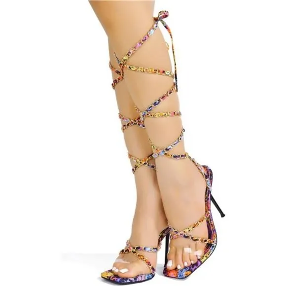 Square Open Toe High Heels for Women, Lace-Up Woven Shoes, Sexy 4-Inch Heels