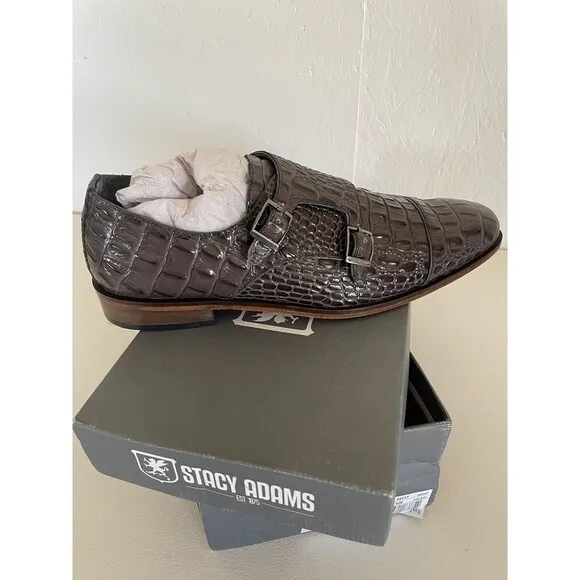 Stacey Adams  “Golato” Gray leather Hornback crocodile print double Monk 9 1/2