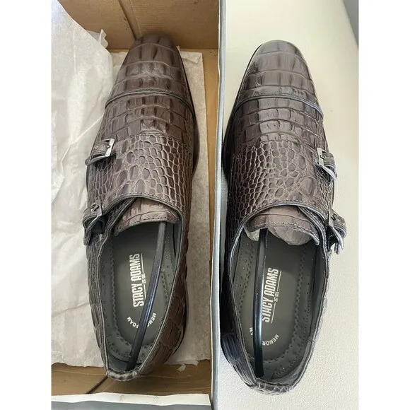 Stacey Adams  “Golato” Gray leather Hornback crocodile print double Monk 9 1/2