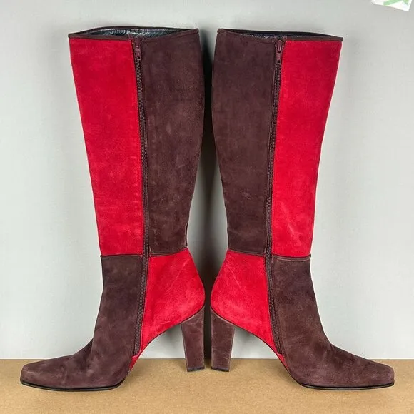 Staurt Weitzman Color Block Suede Tall Heeled Boots Womens 8 Red Side Zip
