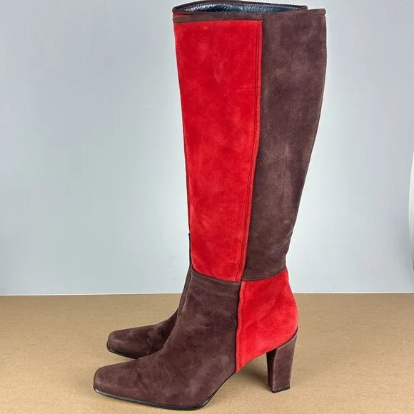 Staurt Weitzman Color Block Suede Tall Heeled Boots Womens 8 Red Side Zip