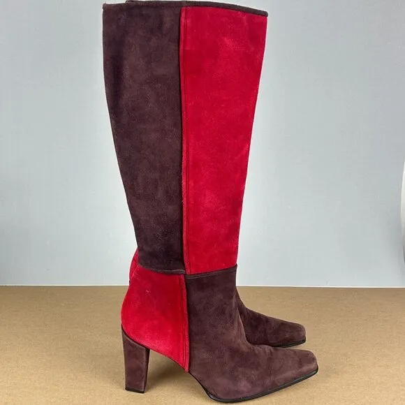 Staurt Weitzman Color Block Suede Tall Heeled Boots Womens 8 Red Side Zip