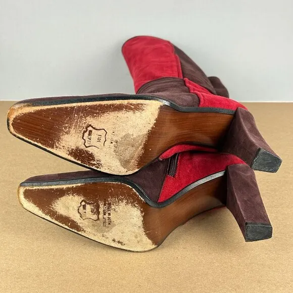 Staurt Weitzman Color Block Suede Tall Heeled Boots Womens 8 Red Side Zip