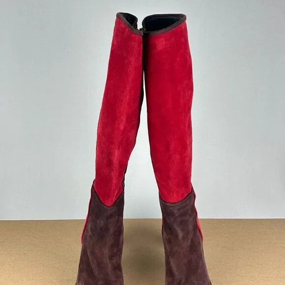 Staurt Weitzman Color Block Suede Tall Heeled Boots Womens 8 Red Side Zip