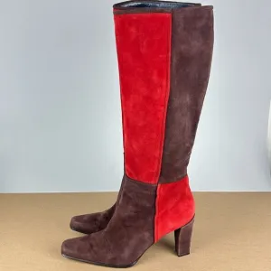 Staurt Weitzman Color Block Suede Tall Heeled Boots Womens 8 Red Side Zip