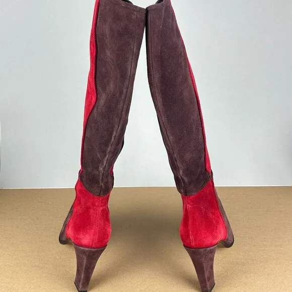 Staurt Weitzman Color Block Suede Tall Heeled Boots Womens 8 Red Side Zip