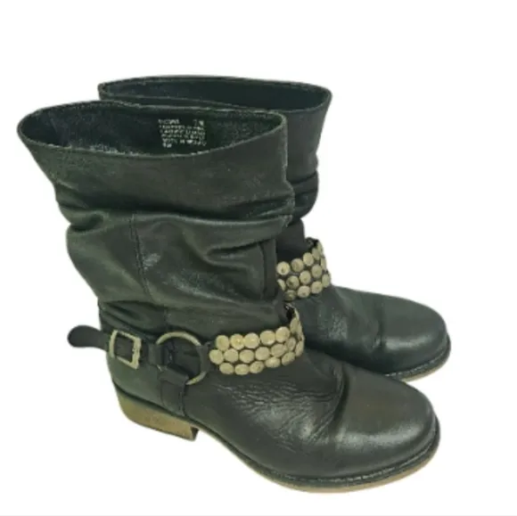 Steve Madden PCoinz Black Leather Silver Studded Slouchy Moto Boots Size 7M