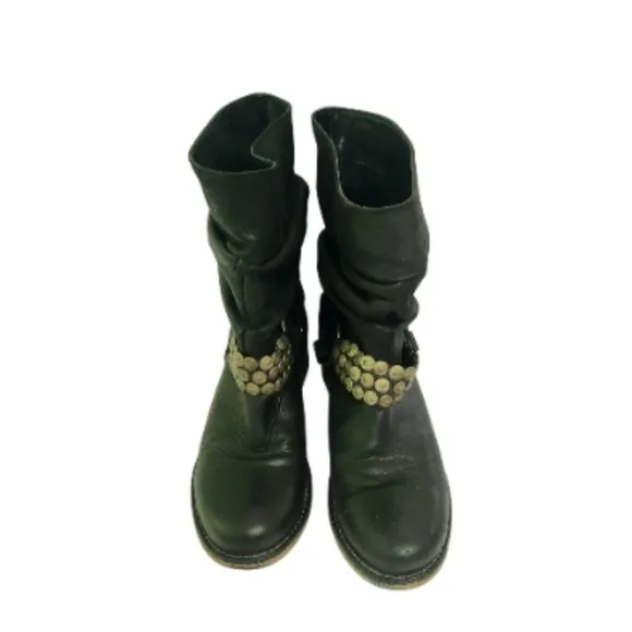 Steve Madden PCoinz Black Leather Silver Studded Slouchy Moto Boots Size 7M