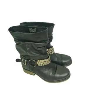 Steve Madden PCoinz Black Leather Silver Studded Slouchy Moto Boots Size 7M