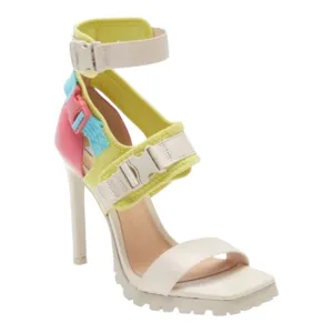 STEVE MADDEN Vibing Vegan Leather Sandal In Multi Square TOE PINK YELLOW 7.5 NEW