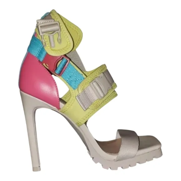 STEVE MADDEN Vibing Vegan Leather Sandal In Multi Square TOE PINK YELLOW 7.5 NEW