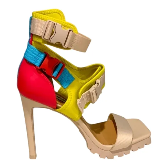 STEVE MADDEN Vibing Vegan Leather Sandal In Multi Square TOE PINK YELLOW 7.5 NEW