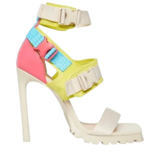 STEVE MADDEN Vibing Vegan Leather Sandal In Multi Square TOE PINK YELLOW 7.5 NEW