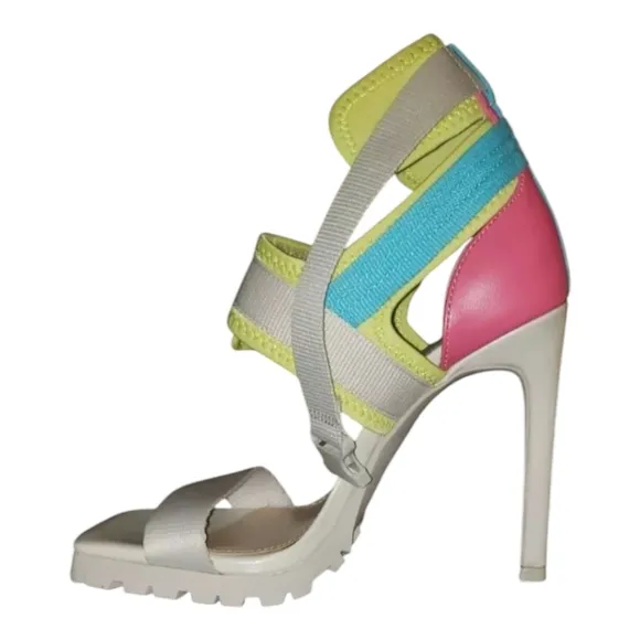STEVE MADDEN Vibing Vegan Leather Sandal In Multi Square TOE PINK YELLOW 7.5 NEW