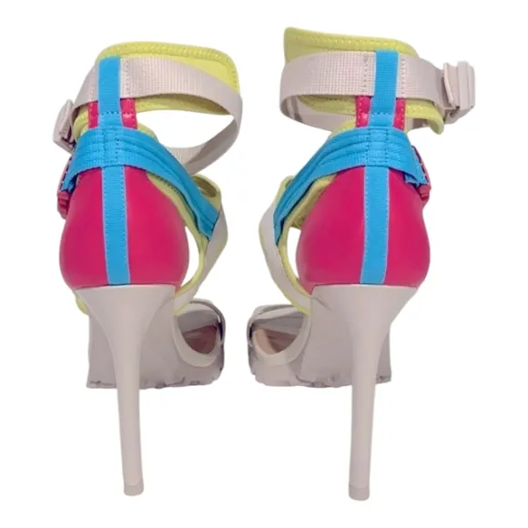 STEVE MADDEN Vibing Vegan Leather Sandal In Multi Square TOE PINK YELLOW 7.5 NEW