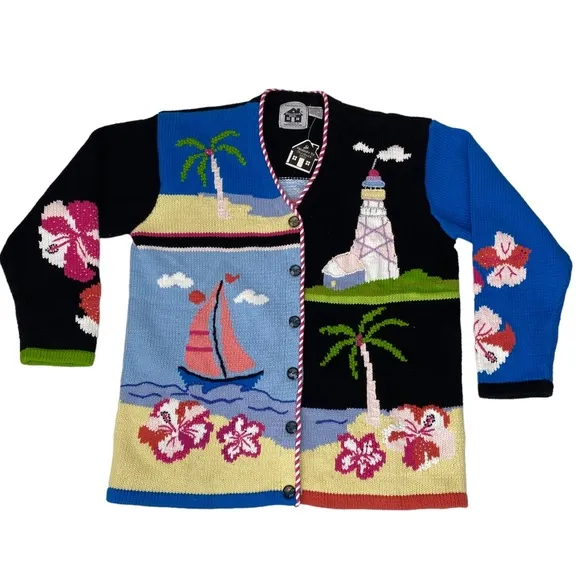 Storybook Knits Sweater Cardigan Womens Size L Lighthouse Floral Nautical Boat