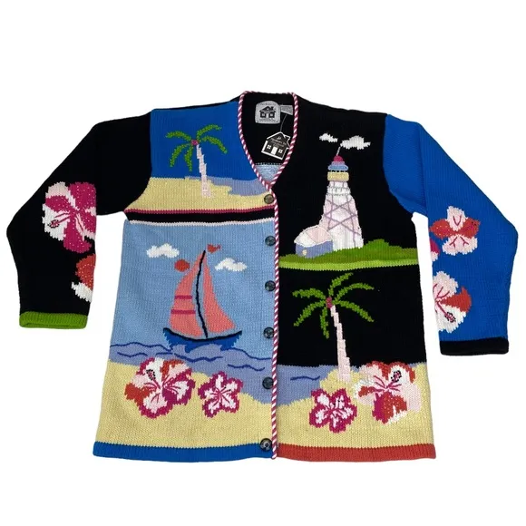 Storybook Knits Sweater Cardigan Womens Size L Lighthouse Floral Nautical Boat