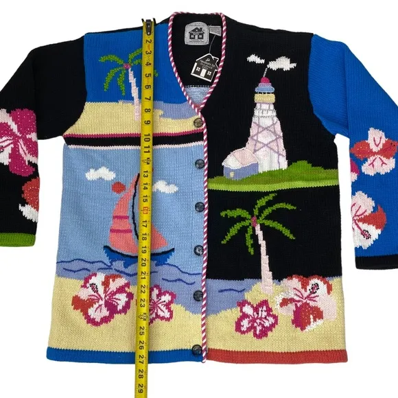 Storybook Knits Sweater Cardigan Womens Size L Lighthouse Floral Nautical Boat