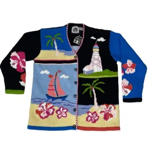 Storybook Knits Sweater Cardigan Womens Size L Lighthouse Floral Nautical Boat